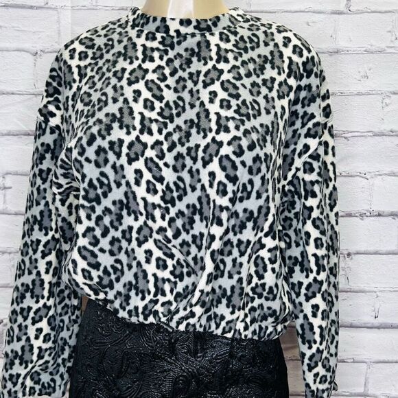 Abound Womens Black Giada Leopard Print Gather Waist Fleece Sweater Top XS - Picture 1 of 7